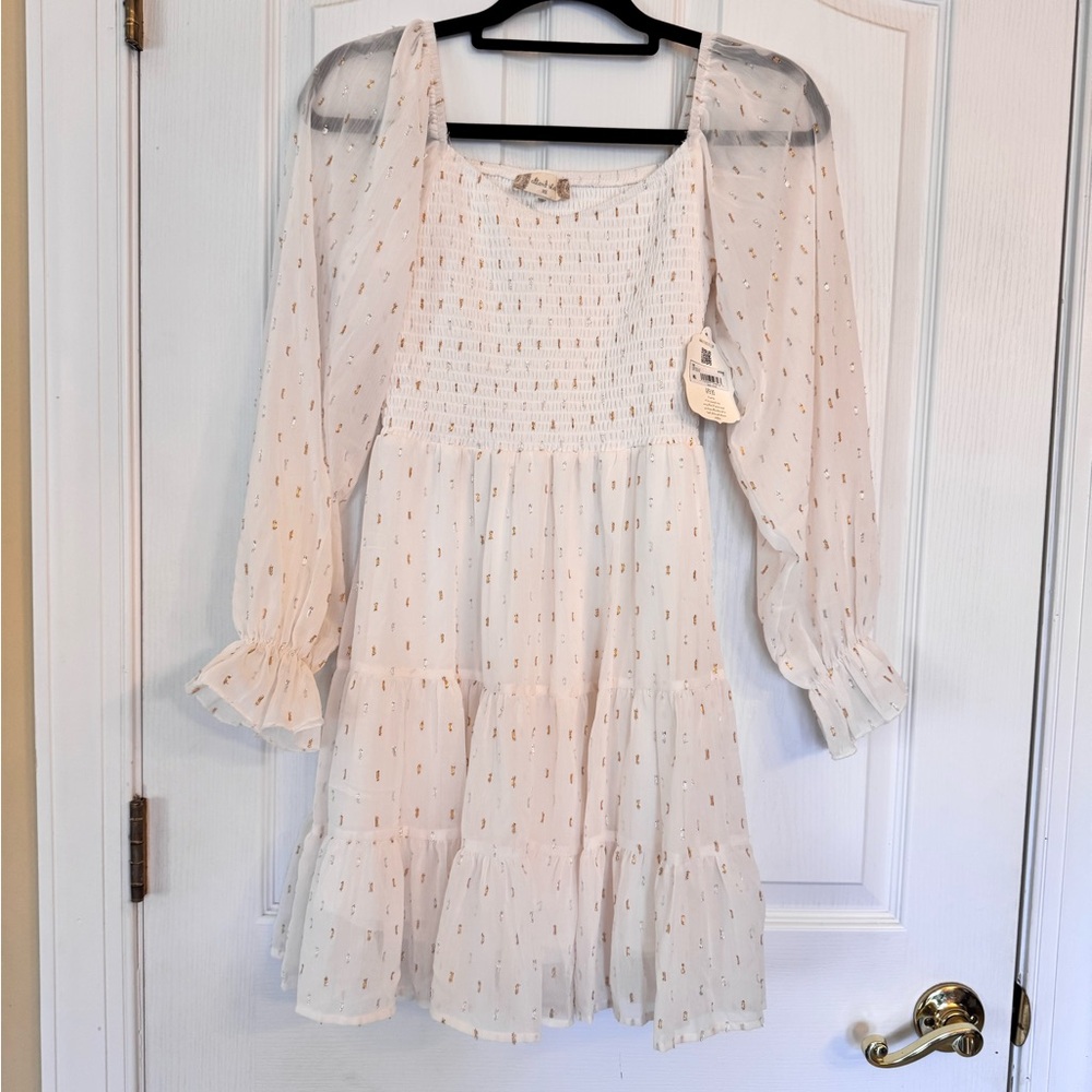 Altar'd State White and Gold  Dress Long Bishop Sleeve Sz XS NWT